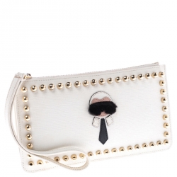 Pre Owned Fendi Off White Studded Leather Karlito Flat Pouch