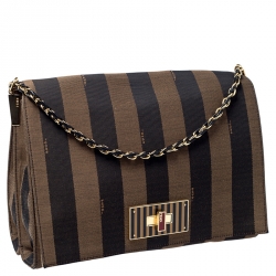 Fendi Tobacco Canvas Large Pequin Stripe Claudia Shoulder Bag