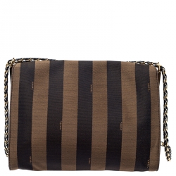 Fendi Tobacco Canvas Large Pequin Stripe Claudia Shoulder Bag