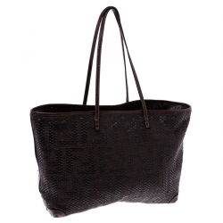 Pre Owned Fendi Dark Brown Woven Leather Medium Shopper Roll Tote