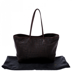 Pre Owned Fendi Dark Brown Woven Leather Medium Shopper Roll Tote