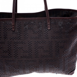 Pre Owned Fendi Dark Brown Woven Leather Medium Shopper Roll Tote