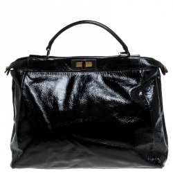 Pre Owned Fendi Black Patent Leather Large Peekaboo Top Handle Bag