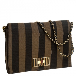 Pre Owned Fendi Tobacco Pequin Canvas Large Claudia Shoulder Bag