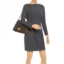 Pre Owned Fendi Tobacco Pequin Canvas Large Claudia Shoulder Bag