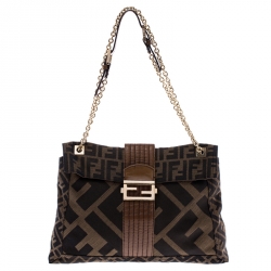 Fendi Tobacco Zucca Canvas Maxi Baguette Flap Shoulder Bag