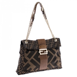 Fendi Tobacco Zucca Canvas Maxi Baguette Flap Shoulder Bag