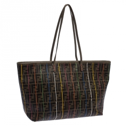 Pre Owned Fendi Brown Zucca Coated Canvas Large Spalmati Striped Tote