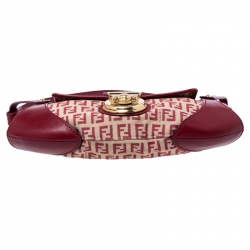 Pre Owned Fendi Red Zucchino Canvas and Leather Compilation Shoulder Bag