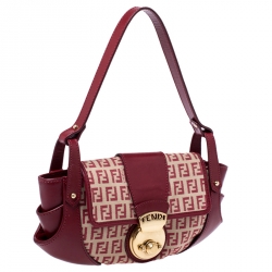 Pre Owned Fendi Red Zucchino Canvas and Leather Compilation Shoulder Bag