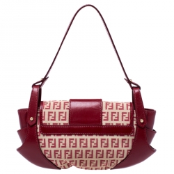 Pre Owned Fendi Red Zucchino Canvas and Leather Compilation Shoulder Bag