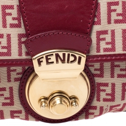 Pre Owned Fendi Red Zucchino Canvas and Leather Compilation Shoulder Bag