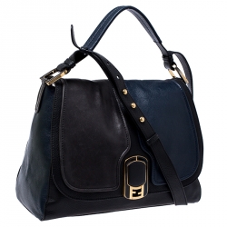 Pre Owned Fendi Blue/Black Leather Flap Top Handle Bag