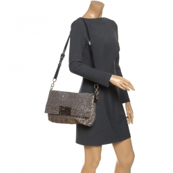 Pre Owned Fendi Metallic Gold/Silver Canvas Glitter Jacquard Mia Zucca Flap Bag