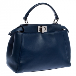 Pre Owned Fendi Blue Leather Mini Peekaboo Top Handle Bag
