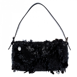 Fendi Black Sequins/Beaded Leather Baguette Shoulder Bag