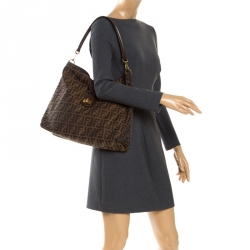 Pre Owned Fendi Tobacco Zucca Canvas and Leather Jacquard Hobo