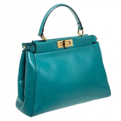 Pre Owned Fendi Teal Leather Medium Peekaboo Top Handle Bag