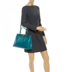 Pre Owned Fendi Teal Leather Medium Peekaboo Top Handle Bag