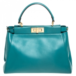 Pre Owned Fendi Teal Leather Medium Peekaboo Top Handle Bag