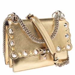 Pre Owned Fendi Gold Metallic Leather Studded Kan I Shoulder Bag