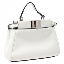 Pre Owned Fendi White Leather Micro Peekaboo Top Handle Bag