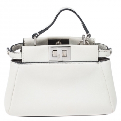 Pre Owned Fendi White Leather Micro Peekaboo Top Handle Bag
