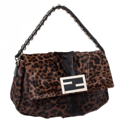 Pre Owned Fendi Black/Brown Leopard Print Calfhair Mia Flap Shoulder Bag