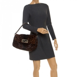 Pre Owned Fendi Black/Brown Leopard Print Calfhair Mia Flap Shoulder Bag