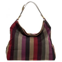 Fendi Multicolor Canvas and Leather Large Pequin Striped Hobo