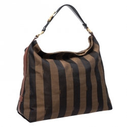 Pre Owned Fendi Tobacco/Black Canvas and Leather Large Pequin Striped Hobo
