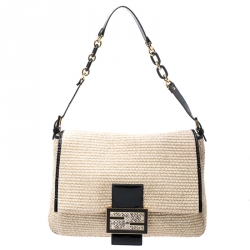 Pre Owned Fendi Beige Raffia and Python Detail Mama Forever Shoulder Bag