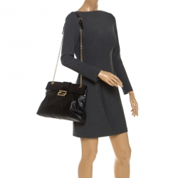 Fendi Black Metallic Leather Maxi Baguette Shoulder Bag