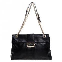 Fendi Black Metallic Leather Maxi Baguette Shoulder Bag