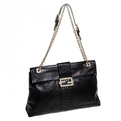 Fendi Black Metallic Leather Maxi Baguette Shoulder Bag