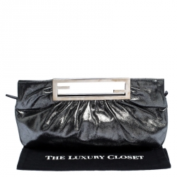 Pre Owned Fendi Metallic Grey Leather Cutout Handle Clutch
