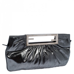 Pre Owned Fendi Metallic Grey Leather Cutout Handle Clutch