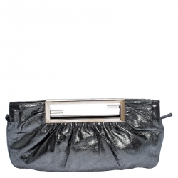 Pre Owned Fendi Metallic Grey Leather Cutout Handle Clutch