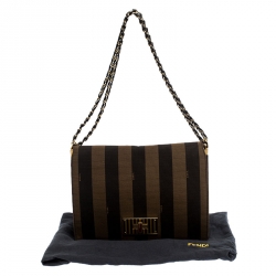 Pre Owned Fendi Tobacco Canvas Large Pequin Stripe Claudia Shoulder Bag