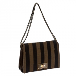 Pre Owned Fendi Tobacco Canvas Large Pequin Stripe Claudia Shoulder Bag