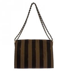 Pre Owned Fendi Tobacco Canvas Large Pequin Stripe Claudia Shoulder Bag