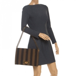 Pre Owned Fendi Tobacco Canvas Large Pequin Stripe Claudia Shoulder Bag