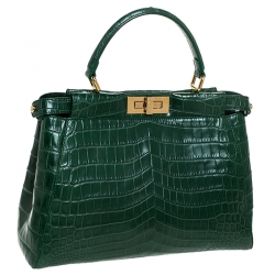 Pre Owned Fendi Green Crocodile Medium Peekaboo Top Handle Bag