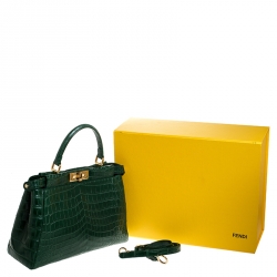 Pre Owned Fendi Green Crocodile Medium Peekaboo Top Handle Bag
