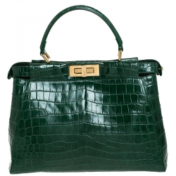 Pre Owned Fendi Green Crocodile Medium Peekaboo Top Handle Bag