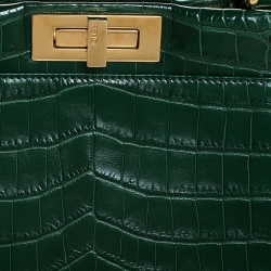 Pre Owned Fendi Green Crocodile Medium Peekaboo Top Handle Bag