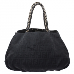 Pre Owned Fendi Black Zucca Canvas Large Mia Shoulder Bag