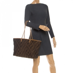 Pre Owned Fendi Brown/Beige Zucca Quilted Canvas and Leather Large Roll Tote