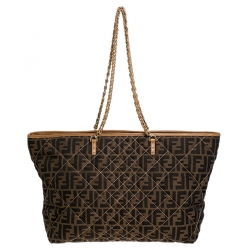 Pre Owned Fendi Brown/Beige Zucca Quilted Canvas and Leather Large Roll Tote