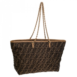 Pre Owned Fendi Brown/Beige Zucca Quilted Canvas and Leather Large Roll Tote